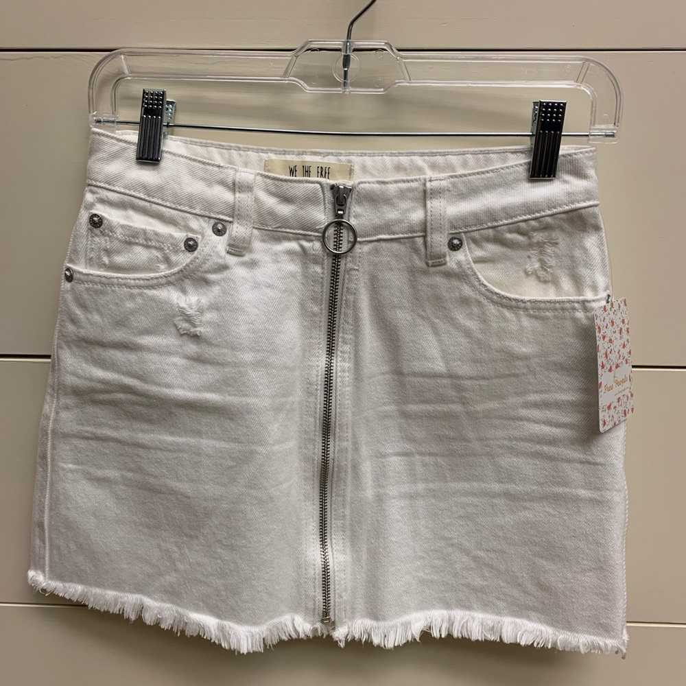 Free people white denim front zip skirt